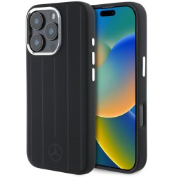 Mercedes Liquid Silicon Stripes Pattern Apple iPhone 16 Pro MagSafe kompatibilis tok kameravédő peremmel, fekete-ezüst