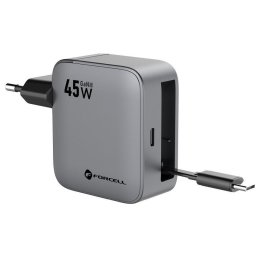 Forcell F-Energy GaN III VT-R5 USB-C utazó töltő adapter visszahúzható USB-C kábellel, PD, QC4.0, 45W, szürke