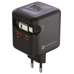 Forcell F-Energy GaN III VT-R7 USB-C-USB-A utazó töltő adapter visszahúzható USB-C kábellel, PD, QC4.0, 70W, szürke