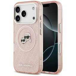 Karl Lagerfeld IML Glitter Karl & Choupette Heads Logo Apple iPhone 17 Pro MagSafe kompatibilis hátlap tok, csillámos, rózsaszín