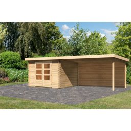 Karibu Bastrup 5. Kerti ház 4 m széles hátfallal rendelkező bővítménnyel/terasszal, natúr fából 679 cm x 297 cm