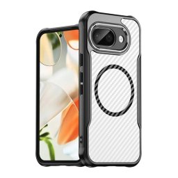 Szilikon telefonvédő (ütésállóság, légpárnás sarok, kameravédő, karbon minta, MagSafe) FEKETE Google Pixel 9a