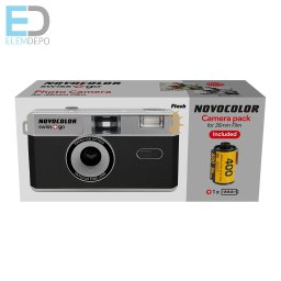 Novocolor swiss+go 35 mm-es újrafelhasználható analóg fényképezõgép vakuval (Film+elem+tok+szíj)(fekete )