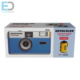 Novocolor swiss+go 35 mm-es újrafelhasználható analóg fényképezõgép (Film+elem+vaku+fekete tok+szíj (kék )