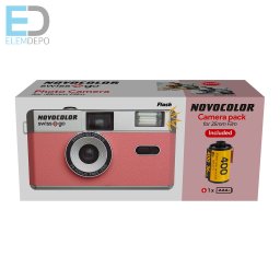 Swiss+go Novocolor Pink 35 mm-es analóg fényképezõgép tokkal, vakuval Védõszíj Kodak Film 36 kép AAA elem
