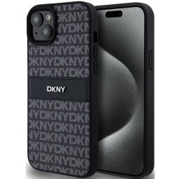 DKNY PU Leather Repeat Pattern Tonal Stripe Apple iPhone 15 Plus hátlap tok, fekete
