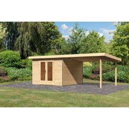 Karibu Radeburg 1. Kerti ház/ medenceház 3,3m széles bővítménnyel/terasszal, natúr fából 604 cm x 309 cm
