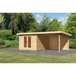 Karibu Radeburg 1. Kerti ház/medenceház 3,3m széles, hátfallal rendelkező bővítménnyel/terasszal, natúr fából 604 cm x 309 cm