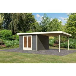 Karibu Radeburg 1. Kerti ház/medenceház 3,3m széles bővítménnyel/terasszal, terra szürke színű fából 604 cm x 309 cm