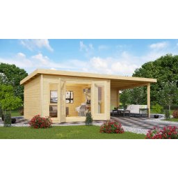 Karibu Radeburg 2. Kerti ház/medenceház 3,3 m széles, hátfallal rendelkező bővítménnyel/terasszal, natúr fából 664 cm x 309 cm
