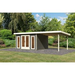 Karibu Radeburg 2. Kerti ház/medenceház 3,3 m széles bővítménnyel/terasszal, terra szürke színű fából 664 cm x 309 cm