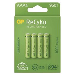 Újratölthető akkumulátor, AAA (HR03), 1,2 V, 950 mAh, GP, papírdoboz, 4 db, ReCyko