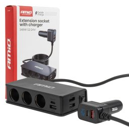 Szivargyújtó Elosztó és Gyorstöltő - USB-A + USB-C PD/QC 3.0, feszültségmérővel