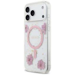 GUESS tok az IPHONE 17 Pro Max készülékhez, kompatibilis a MagSafe készülékkel GUHMP17XRBFGFGMP (Gyanta virágok és csillogás) rózsaszínű