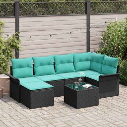 vidaXL Kerti Kanapé Szett párnával 7 pcs Fekete Poli rattan