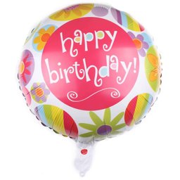 Happy Birthday, keretes, virágos, gömb fólia lufi, 45 cm