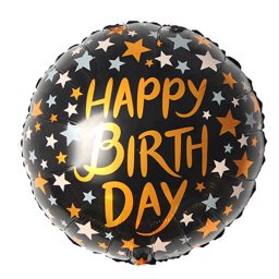 Happy Birthday, fekete, arany csillagos, gömb fólia lufi, 45 cm