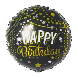 Happy Birthday, fekete, arany csillagos-pöttyös, gömb fólia lufi, 45 cm