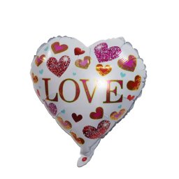 Fólia lufi, szív, Love , fehér, színes szívecskék, 40 cm