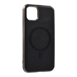 Szilikon telefonvédő (ECO bőr hatású hátlap, karcolásmentesítő belső, fém kameravédő, MagSafe, prémium) FEKETE Apple iPhone 11