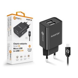 ALIGATOR 2.4A intelligens hálózati töltő, 2xUSB, intelligens IC, fekete, micro USB kábel, fekete, micro USB kábel
