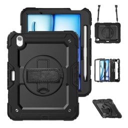 Defender műanyag telefonvédő (ütésállóság, kitámasztó, 360° + kézpánt, vállpánt) FEKETE Apple IPAD Air 11 (2024), IPAD Air 11 (2025)