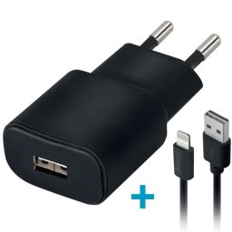 Hálózati töltő adapter, 5V / 2000 mAh, USB aljzat, Lightning kábellel, Forever, fekete, TC-01