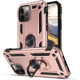 Apple iPhone 12 Mini, Műanyag hátlap védőtok, közepesen ütésálló, szilikon belső, telefontartó gyűrű, Defender, vörösarany