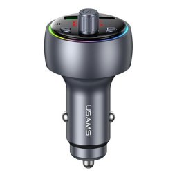 USAMS CC328 bluetooth FM transmitter autós töltő USB+Type-C aljzat (v5.0, 15W, gyorstöltő, LED kijelző) SÖTÉTSZÜRKE
