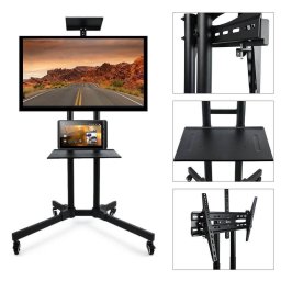 Prezentációs mobil állvány, 32-65"-os TV-hez, laptop- és projektortartó tálcával, 50 kg teherbírás, fékezhető kerekekkel