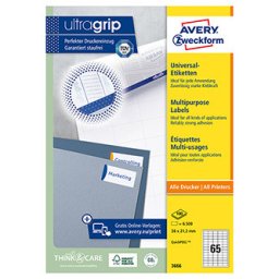 Avery Zweckform címkék 38 x 21,2 mm, A4, fehér, 65 címke, 100 darabos csomag, 3666, lézer- és tintasugaras nyomtatókhoz, fénymásolókhoz