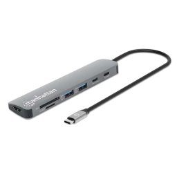 MANHATTAN USB-C 7in1 dokkolóállomás, 1xHDMI, 2xUSB-C, 2xUSB, 2xUSB, SD kártyaolvasó, szürke színben
