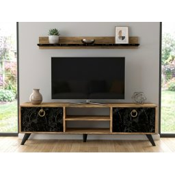TV állvány ZEN 160 cm fali polccal, dió/fekete márvány dekoráció