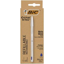 BIC Golyóstoll, 0,32 mm, kupakos, matt ezüst színű tolltest, BIC "Cristal Re'New", kék + betét