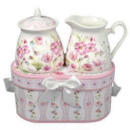 Rózsaszín virágos porcelán cukortartó és tejkiöntő - díszdobozos