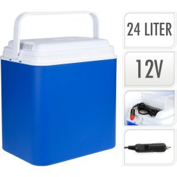 Hordozható autós-kemping hűtő 24 literes 12 V-os elektromos hűtőláda, kék-fehér