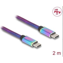Delock USB 2.0 kábel USB Type-C csatlakozóból csatlakozóba, szivárványos fém burkolattal, PD 3.0, 60 W, 2 m