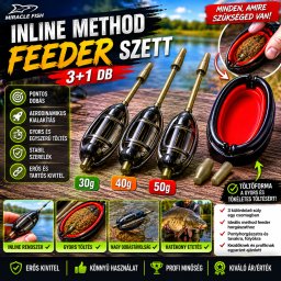 Miracle Fish Inline Method Feeder Szett 3+1 db 30g 40g 50g kosarakkal és töltőformával - fekete/piros