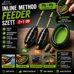 Miracle Fish Inline Method Feeder szett 2+1 db 30g és 40g kosarak töltőformával - fekete/zöld