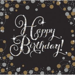 Fekete-arany szalvéta, happy birthday, 16 db, 33x33 cm