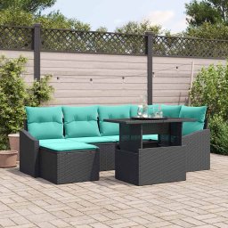 vidaXL Kanapé Szett párnával tárolóval 7 pcs Fekete és Kék Poli rattan