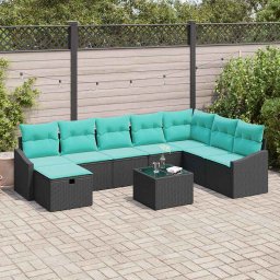 vidaXL Kerti Kanapé Szett párnával 9 pcs Fekete Poli rattan