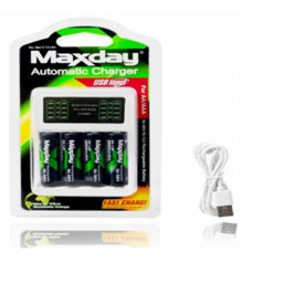 Maxday Akkumulátortöltő AA és AAA újratölthető elemekhez, 4 db 2800 mAh AAA elemmel, USB, C704B3
