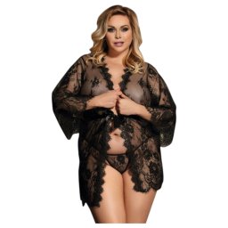 Subblime Queen Plus - csipke köntös szett (fekete, XL-2XL)