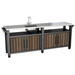 Keter UNITY CHEF kerti mobil műanyag szekrény-asztal - 415 L, mosogatóval, rozsdamentes munkalap, walnut