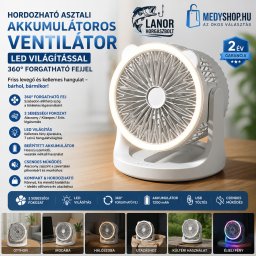 Hordozható asztali akkumulátoros ventilátor LED világítással 360° forgatható fejjel - Fehér