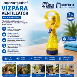 Hordozható hűsítő vízpára ventillátor 9 cm lapáttal - Sárga