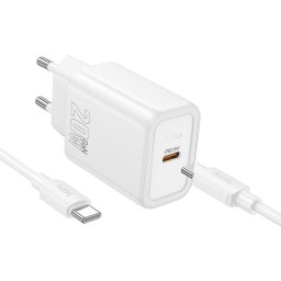 Hoco N60 USB-C hálózati töltő adapter USB-C-USB-C töltő-és adatkábellel, QC, PD, 20W, fehér