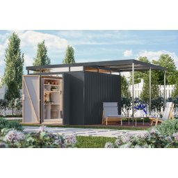 Karibu Aurum 3.5 Antracit színű, lapostetős fém kerti tároló, kerti fészer 2 méteres bővítménnyel/terasszal, 497 cm x 292 cm