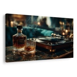 Kép gramofon és whisky pohár